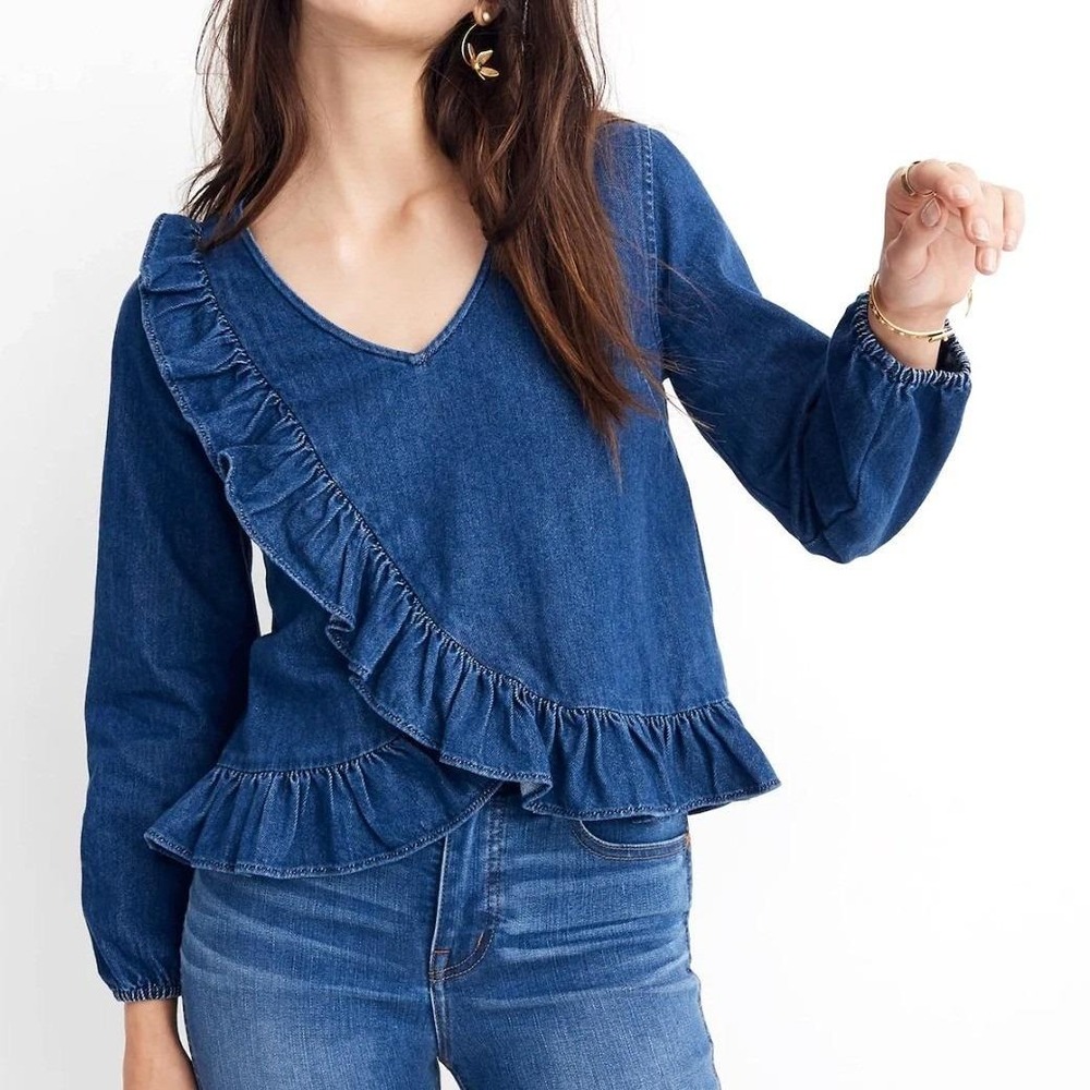 Madewell Denim Ruffle Top Blouse Women Medium Blue Cotton Cropped Western Boho